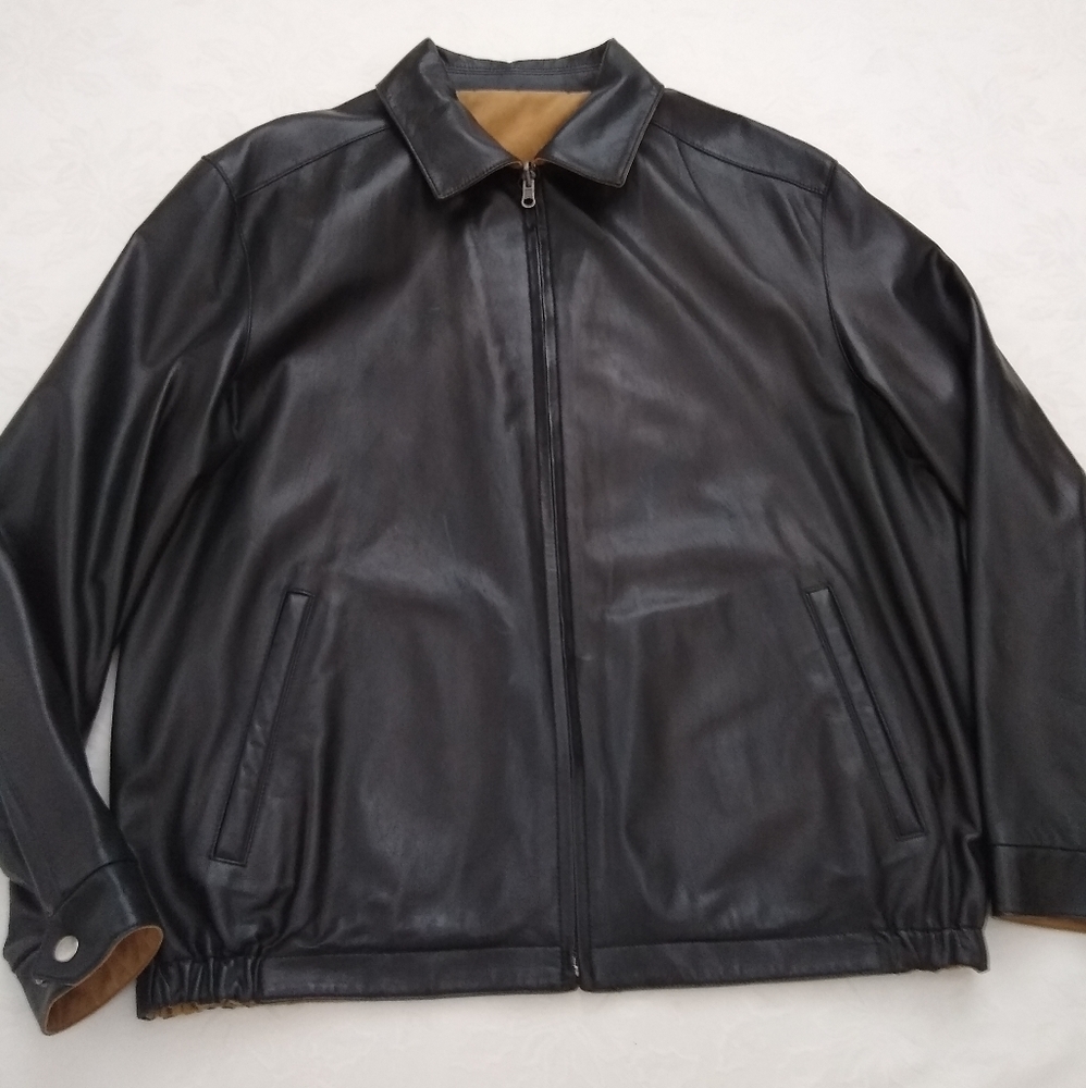 Reversible leather bomber zip front